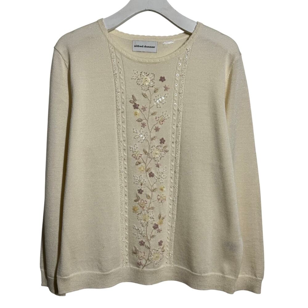 Alfred Dunner Grannycore Beaded Sweater Women L Cream Floral Cottage Vintage